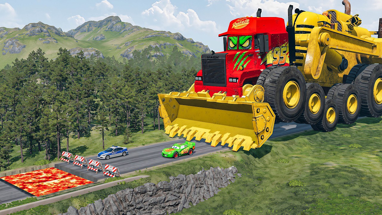 Giant CRANE SQUEEZER Mack Truck VS Cars Lightning McQueen & Police Car Downhill Race - Beamng.Drive