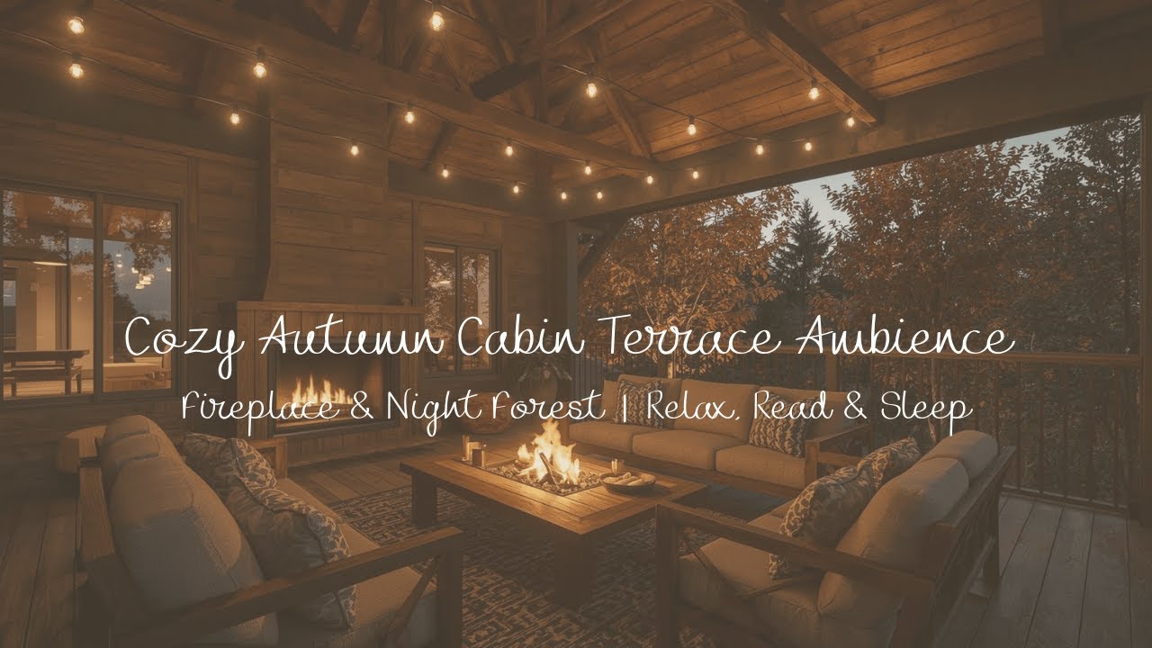 Cozy Autumn Cabin Terrace Ambience 🏡 | Fireplace & Night Forest | Relax, Read & Sleep