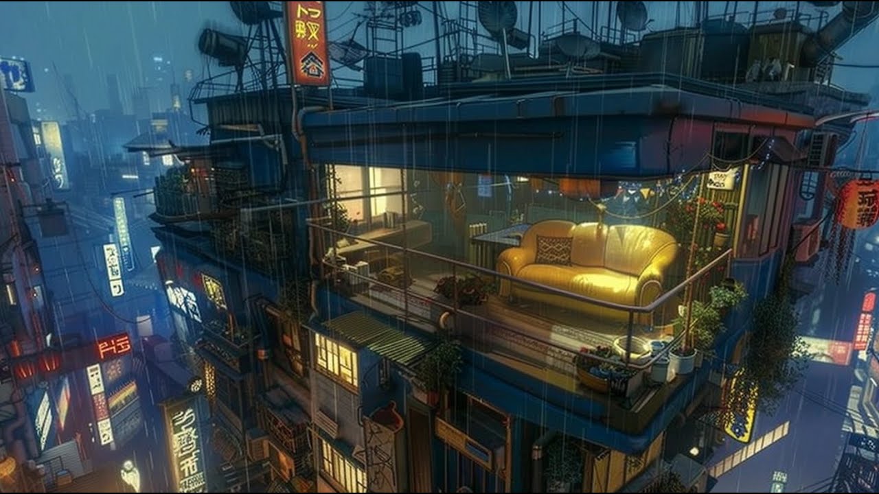 Rainy Cyberpunk Rooftop Loft 🌧️ Neon Anime Aesthetic | Cozy Night City View 4K