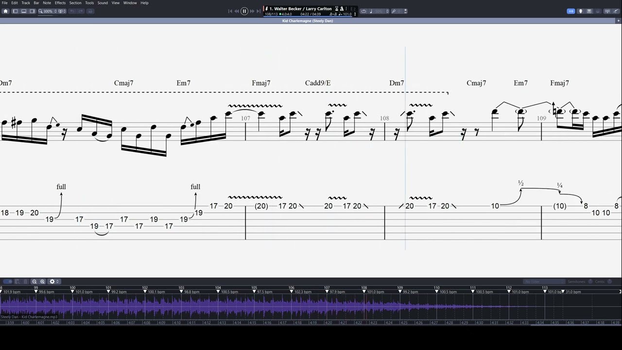 Kid Charlemagne (Steely Dan) sync'd guitar transcription with on-screen notation/tab
