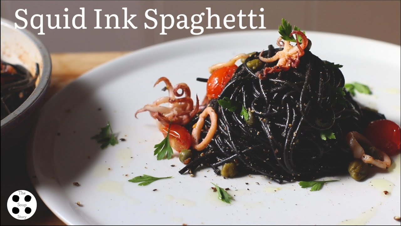 Squid Ink Spaghetti | Squid Ink pasta with white wine braised squid and capers | The Soup Story