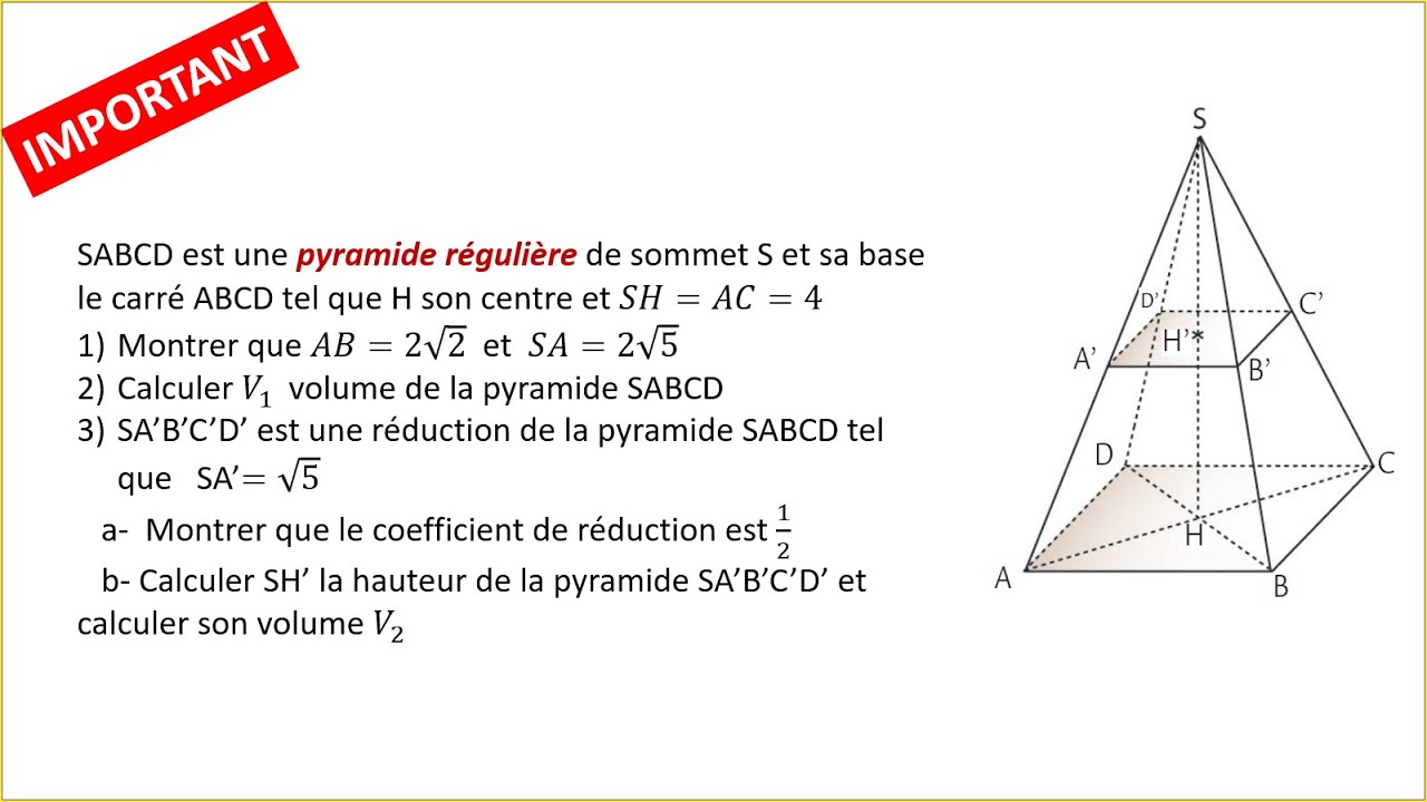 Pyramide régulière de base carrée - Géométrie dans l'espace - 3eme année du collège BIOF