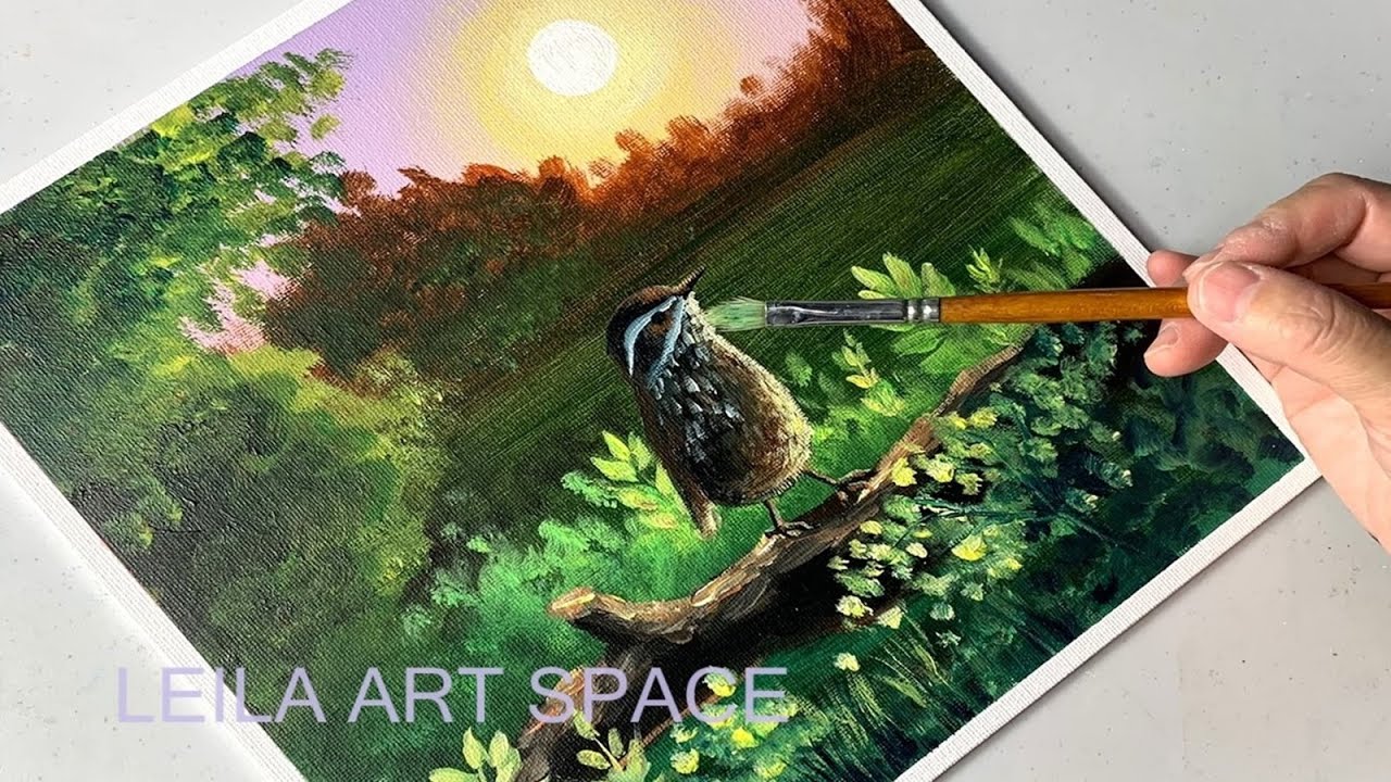 Easy Bird Painting Acrylic, Morning Scenery Painting Sunrise Art