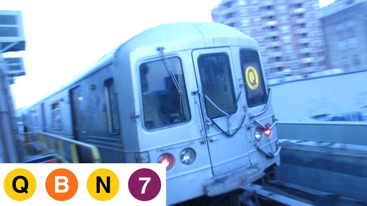 MTA Q, B, N, and 7 train from Coney Island to Flushing Main St + Emergency Brakes Applied on the B.