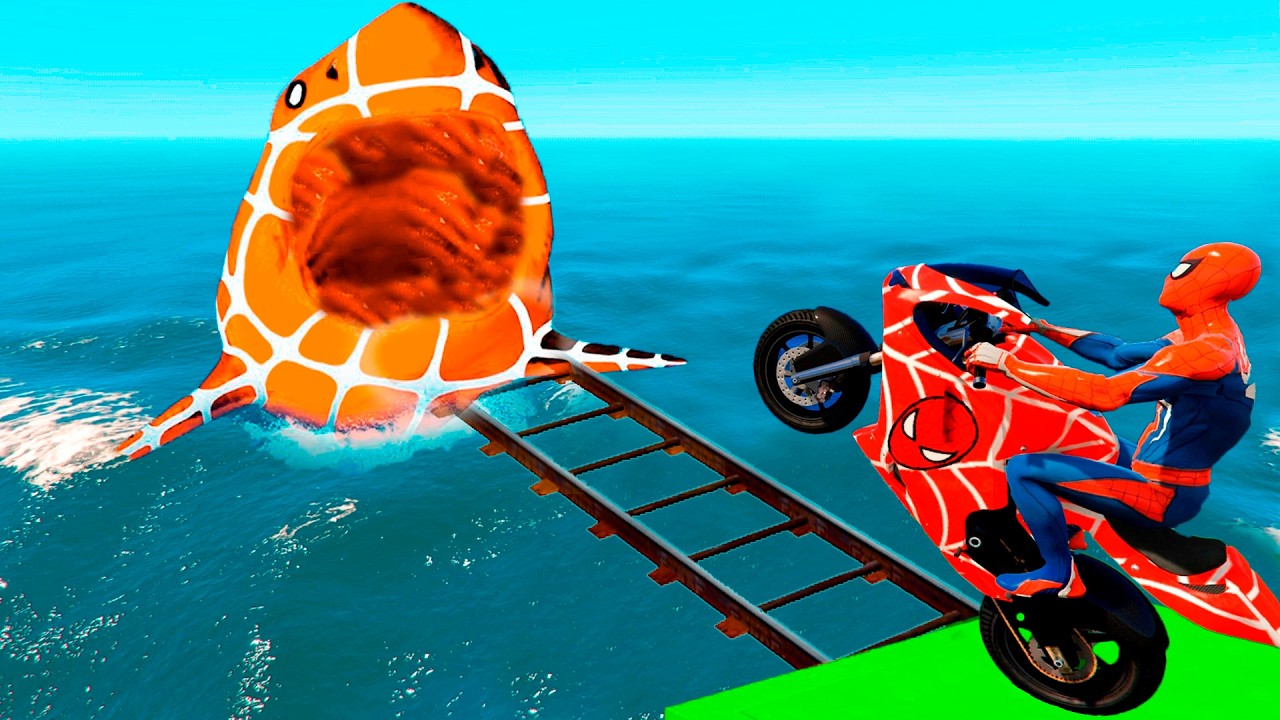 سبايدر مان اصعب دراجة نارية فوق اسماك القرش - Superheroes Ride on Motorcycle Stunt Funny Moments??