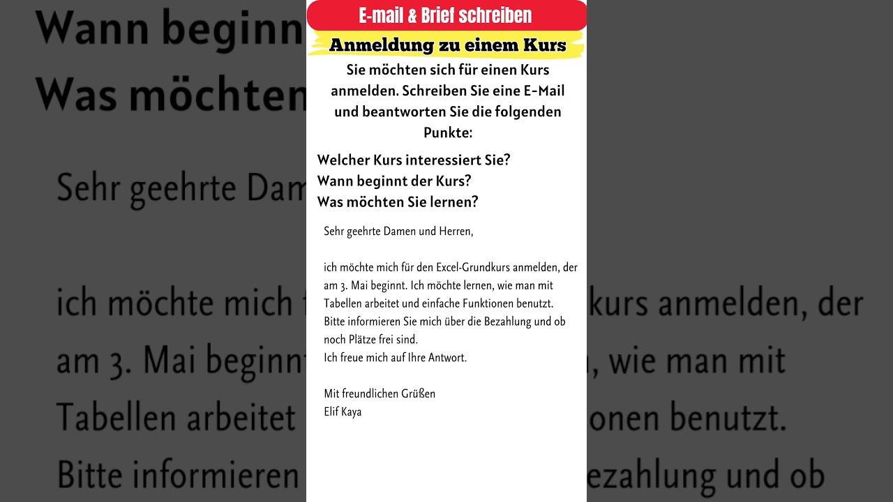 Kursanmeldung per E-Mail &ndash; Deutsch schreiben A2/B1 mit Mustertext