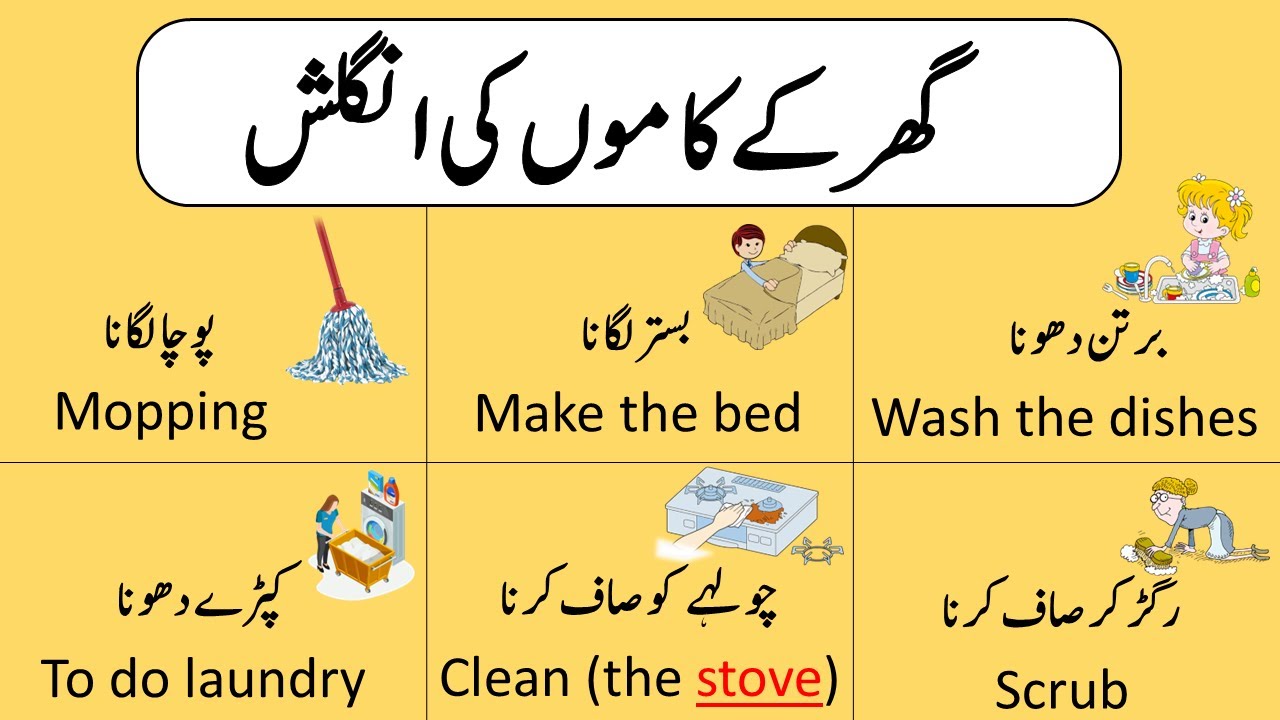 Daily Routine House Chores Vocabulary Words with Urdu Meanings | Grammareer