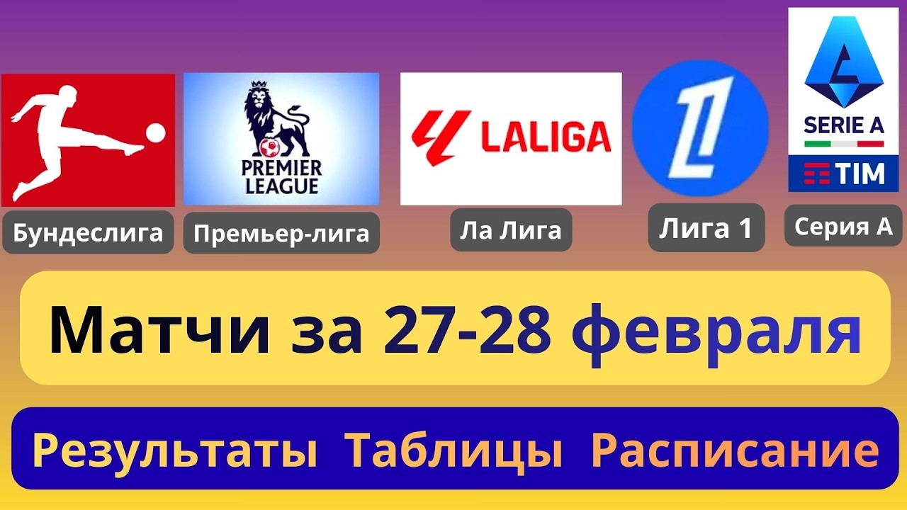 Премьер-лига. Ла Лига. Серия А. Лига 1. Бундеслига. Результаты за 27-28 февраля. Таблицы. Календарь