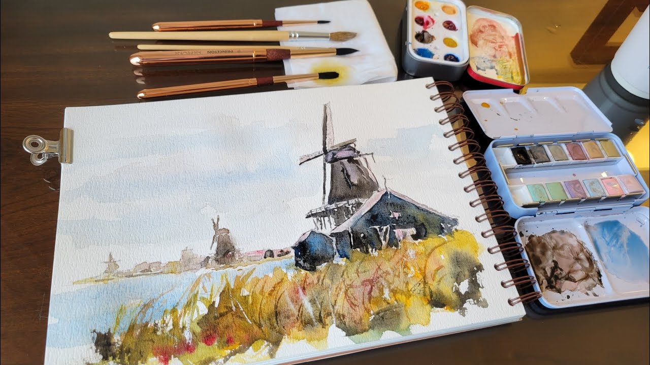 Holland Windmills watercolor study (watercolor demo / Time-lapse)