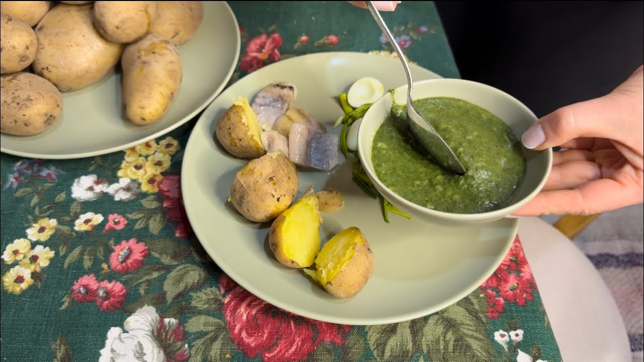 Traditional Nettle Dish with Boiled Potatoes and Salted Fish