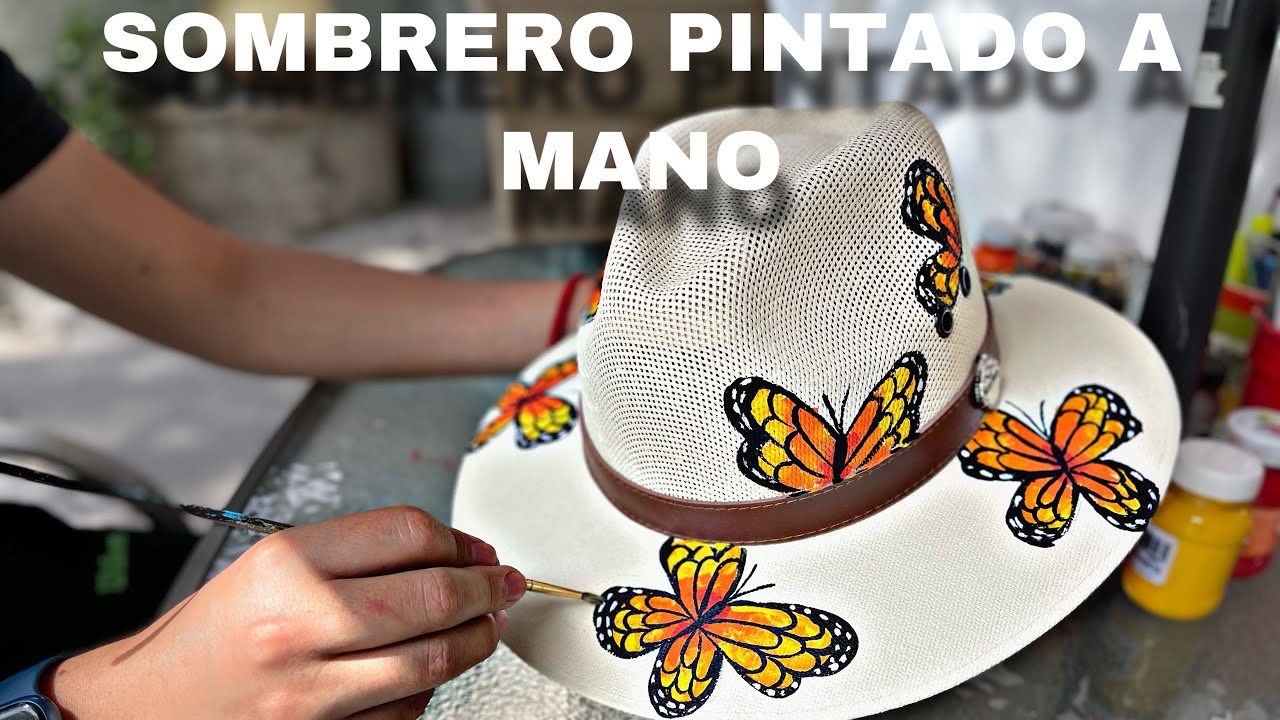 Cómo pintar con acrílico, sombrero pintado a mano, Mariposas monarcas en Verano #19