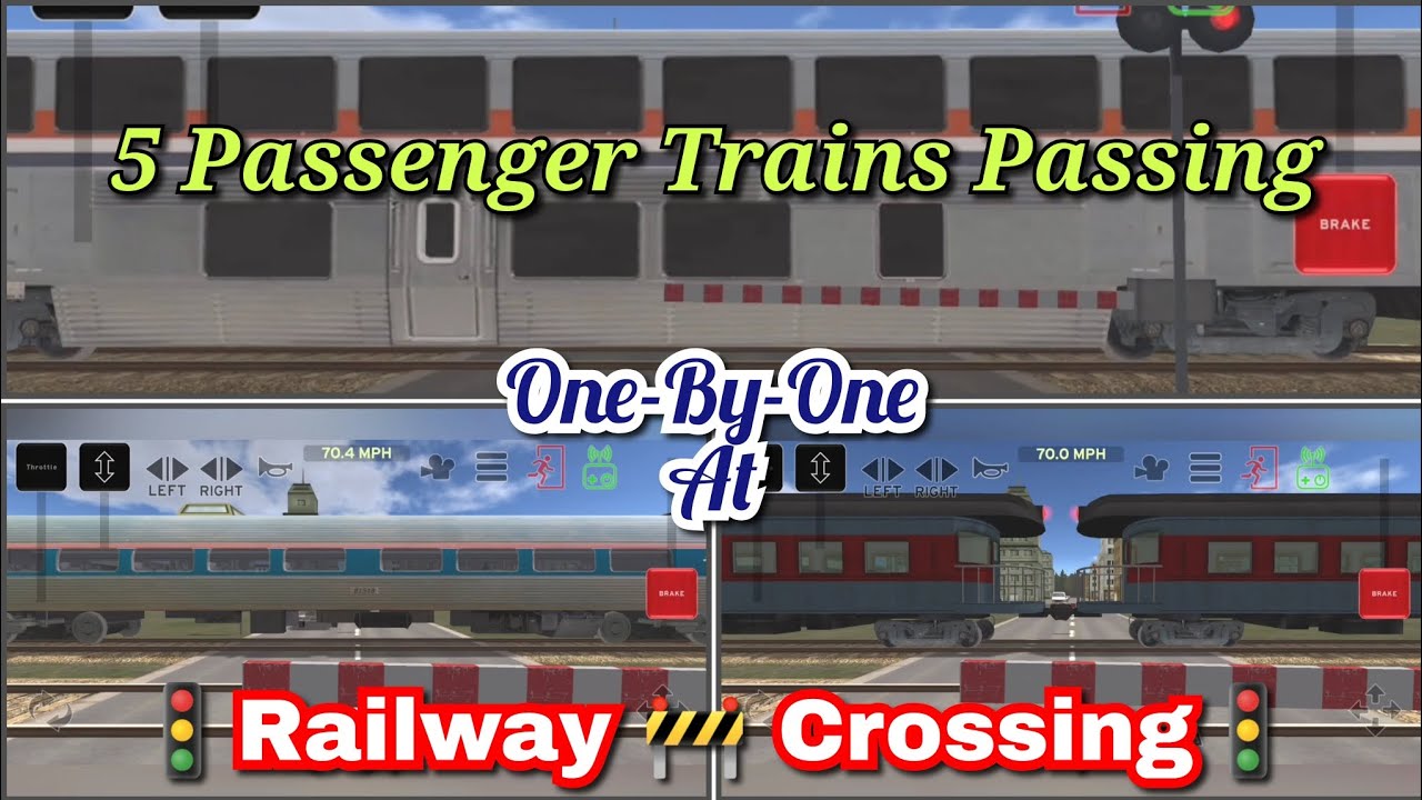 5 Passenger Trains Passing One-By-One at Railway Crossing