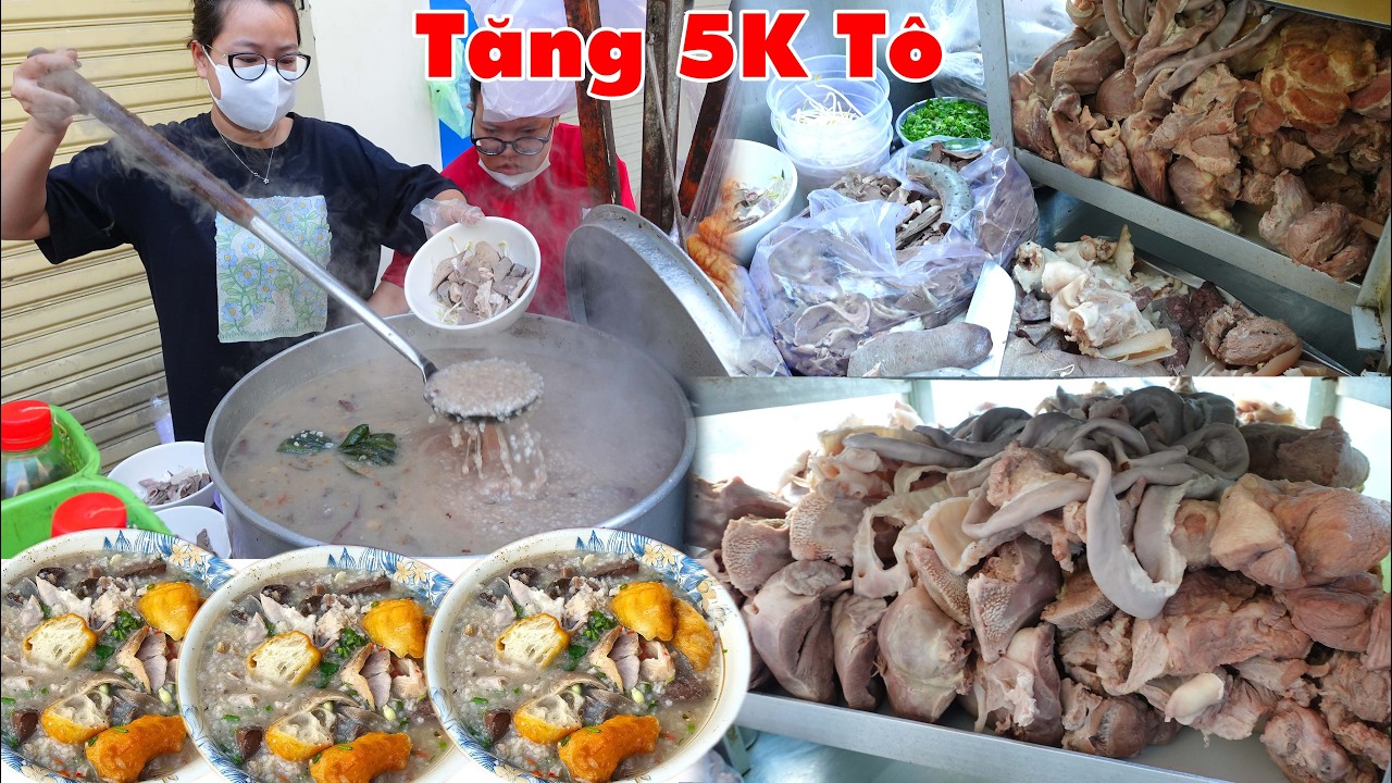 Cháo lòng full topping sáng đẩy xe cháo ra người lao động đứng chờ đông nghẹt thật bất ngờ