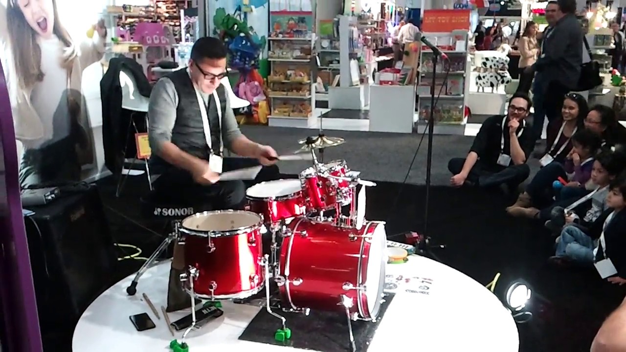 Toy Fair 2018, Andr&eacute;s Forero of Hamilton, performing on a Hohner drum kit
