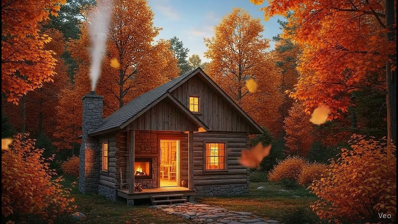 🍂 Cozy Autumn Cabin Ambience | Soft Piano Music & Warm Fireplace Glow | Peaceful Fall Relaxation