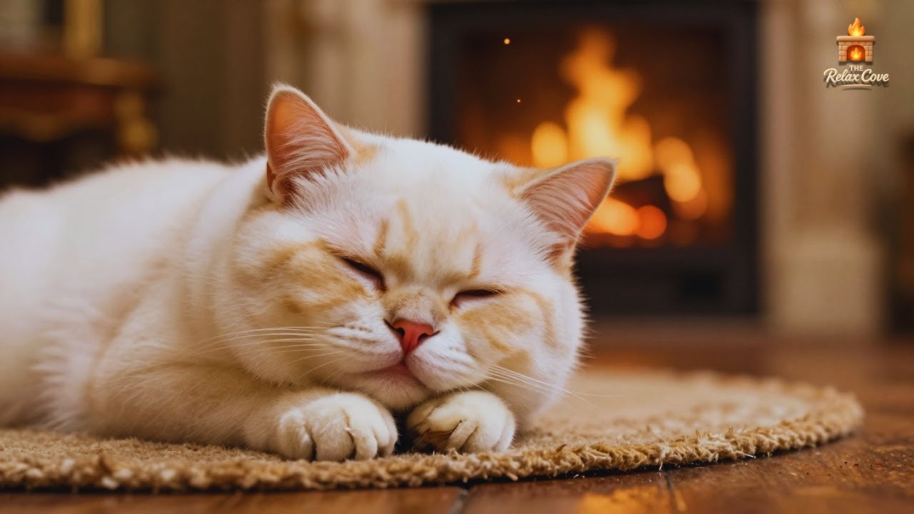 White Cat Purring by the Fireplace 🔥 10 Hours of Deep Relaxation