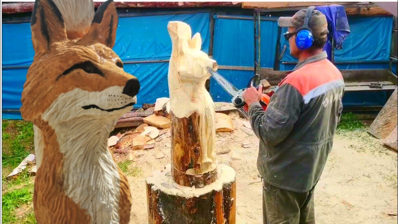 A fox sculpture carved with a chainsaw
