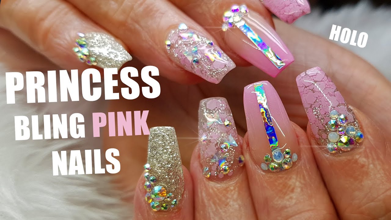 ACRYLIC NAILS PINK COFFIN SHAPE WITH BLING AND GLITTER | PRINCESS NAILS | GLITTER PLANET UK