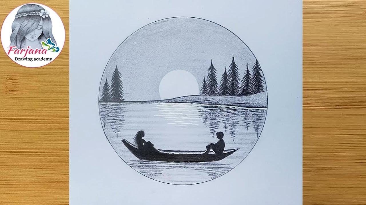 How to draw a scenery of moonlit night - step by step || Pencil Drawing ||  كيفية رسم مشهد ليلي مقمر