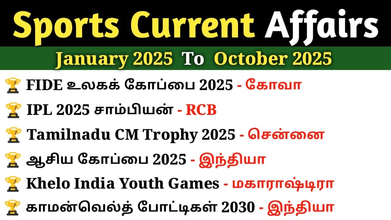 Sports 2025 Current Affairs | JAN - OCT 2025 Sports CA | TNUSRB | TNPSC | RAILWAY | 5 Second gk