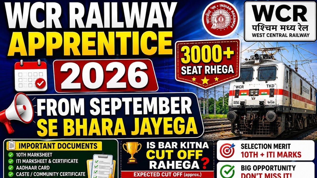 WCR Railway Apprentice 2026 Form Kab Aayega? Previous Year Cut Off | Jabalpur Bhopal Kota Vacancy 