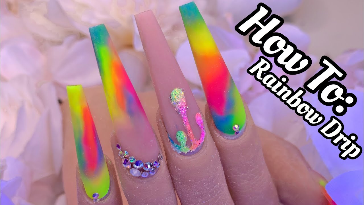 Rainbow Drip Nails | Acrylic Nail Tutorial | Realistic Practice Hand | How to do nails | Marble Nail