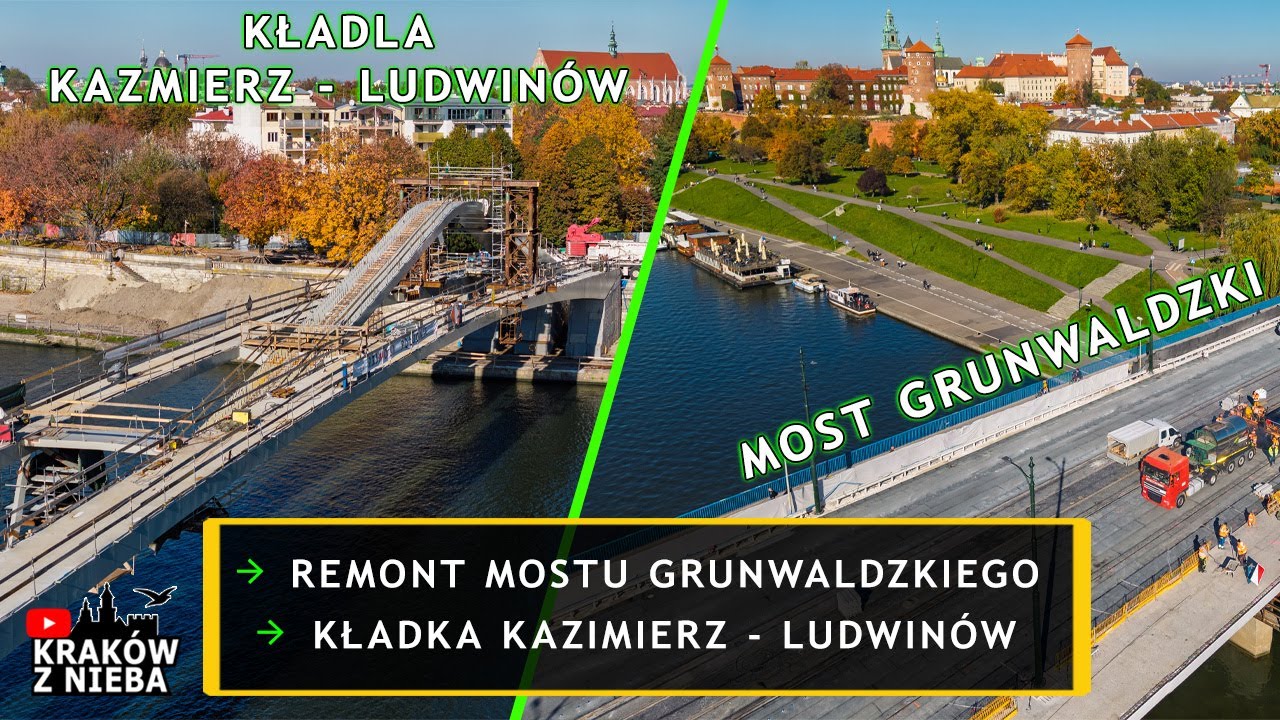 Most Grunwaldzki i kładka Kazimierz - Ludwinów. Relacja Kraków z nieba