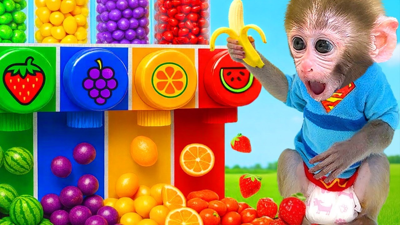 Affe BonBon und sein Kätzchen fahren mit der Schubkarre zum Hof, um rote Äpfel zu pflücken