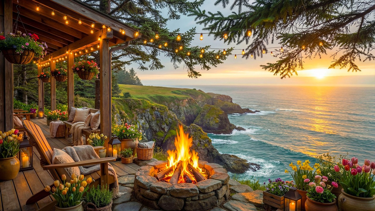 Relaxing Ocean Sunset Cabin Porch 🌊🔥 Gentle Wave Sounds & Cozy Fire Ambience for Sleep