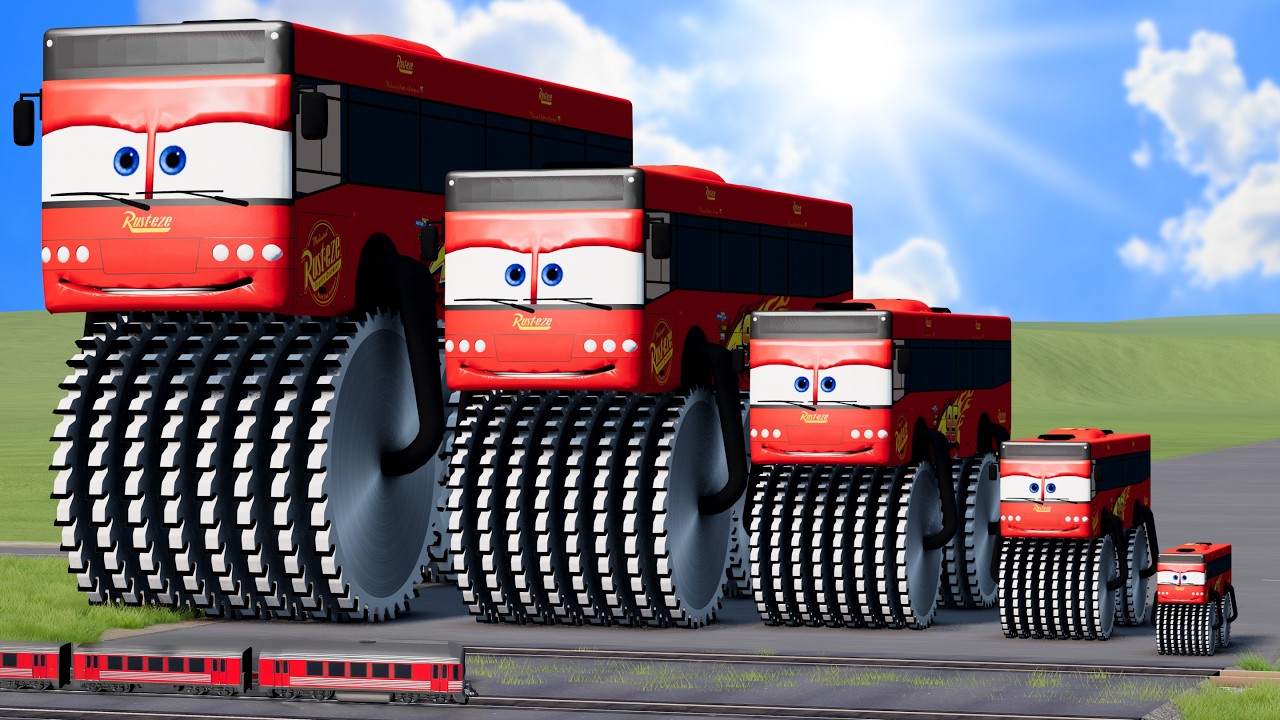 Big & Small Bus Lightning Mcqueen Double Monster Saw Wheels vs Trains | BeamNG.drive