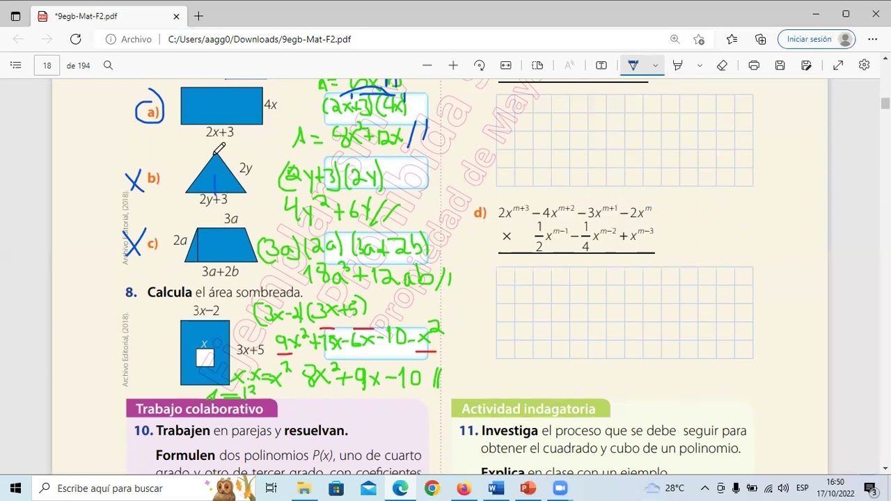 Multiplicación de monomios y polinomios RESOLUCIÓN DE LA PÁGINA 101 DE MATEMÁTICA NOVENO AÑO BÁSICO