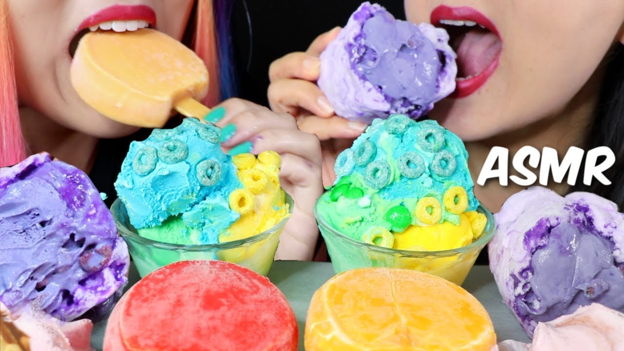 ASMR RAINBOW ICE CREAM PARTY (COTTON CANDY BURRITO, ICE CREAM BARS, SUNDAE) 아이스크림 먹방 | Kim&Liz ASMR