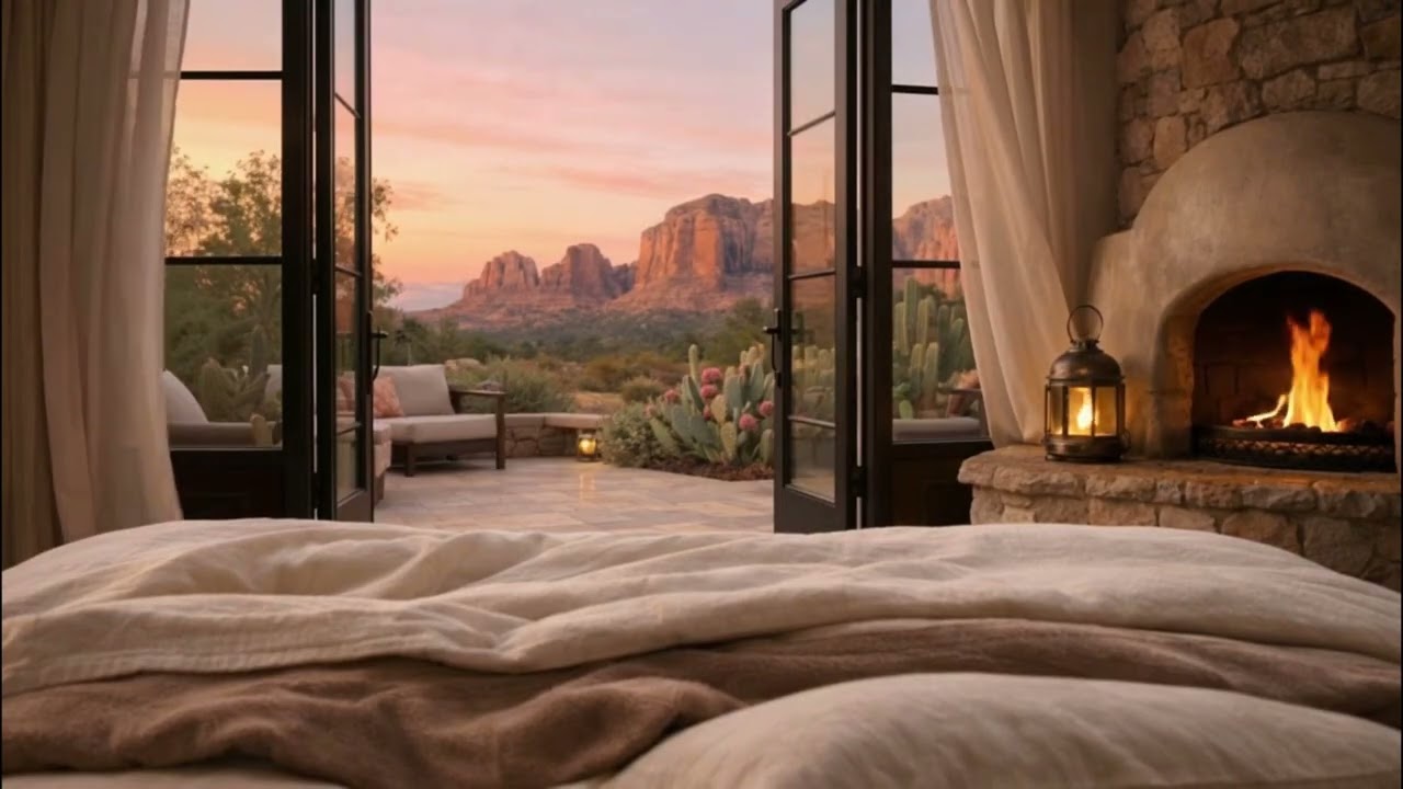 Peaceful Sedona Morning | Fireplace & Soft Morning Ambience | Relax or Focus (6 Hours)