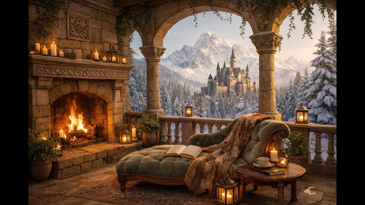 Celtic Castle Terrace Ambience ❄️ Cozy Fireplace & Snowy Mountain Castle View