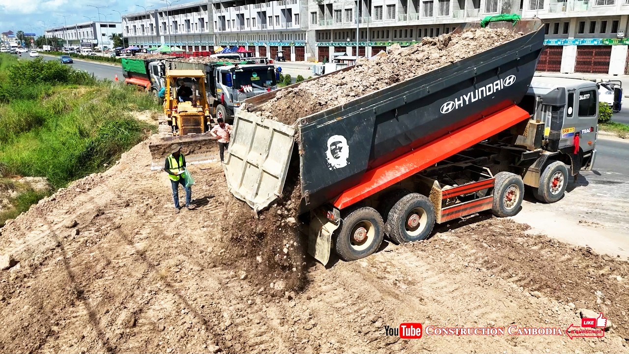 Massive Hyundai Dump Trucks Dumping Soil | Skilled Dozer Pushing Huge Land Fill