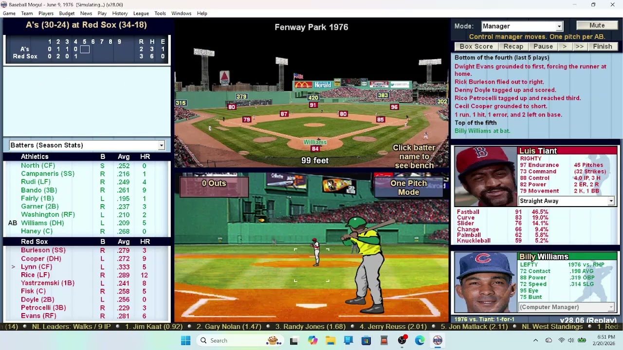 Baseball Mogul 6-9-76 Oakland at Boston