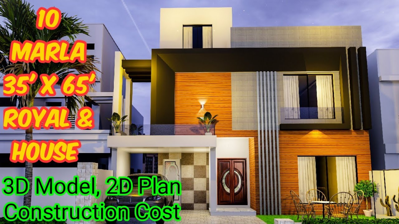 10 Marla 35x65 Luxury House Design - 3D Model, Complete Plan & Construction Cost Details