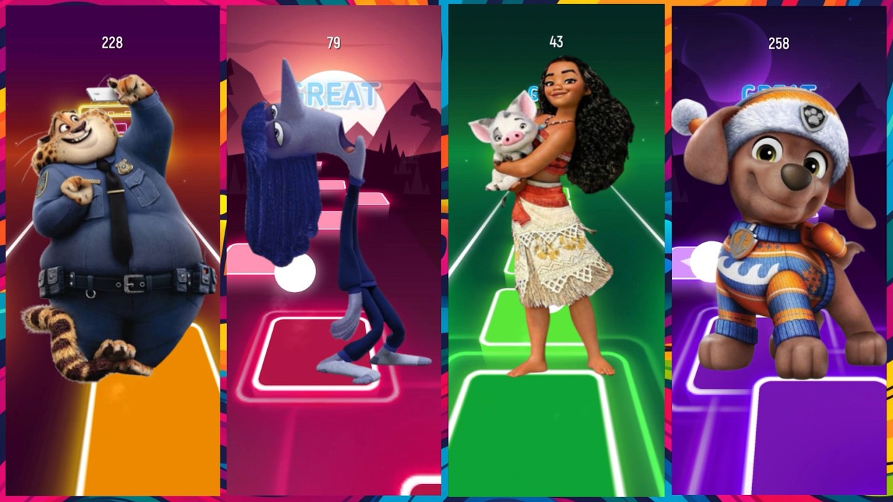 😱CRAZY CHALLENGE LVL12 ZOOTOPIA🆚MOANA🆚PAW PATROL| ULTIMATE TILES HOP BATTLE🎶🔥