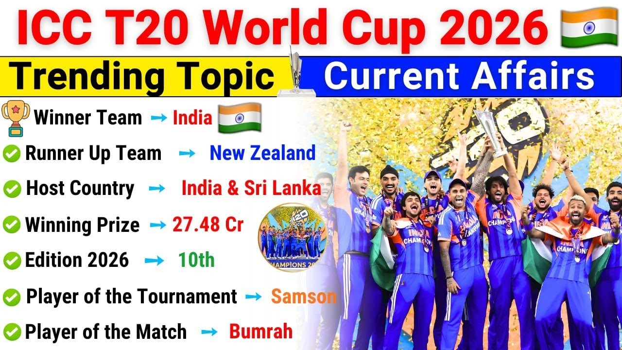 ICC Men's T20 World Cup 2026 GK 🏆| T20 World Cup Sports Current Affairs 2026 | World Cup 2026 MCQ