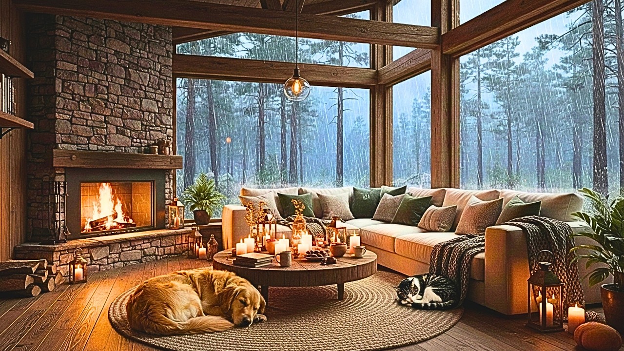 Cabin in the Rain 🌧️ Jazz Piano, Guitar & Sax • Warm Fireplace for Focus and Relaxation 🔥