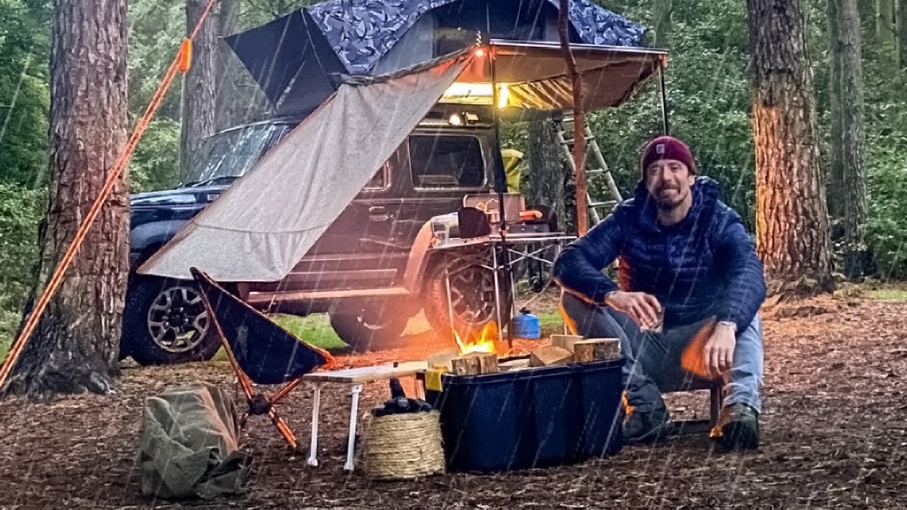 Solo Camping in Rain - Tarp - Suzuki Jimny Camper - DIY Roof Tent Rainfly