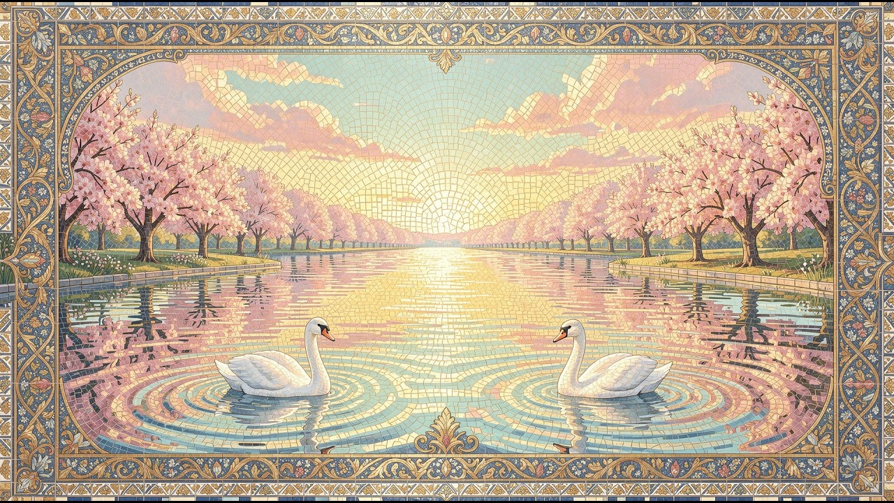 White swans gliding on a golden spring lake mosaic frame tv art 4k with music | tv screensaver