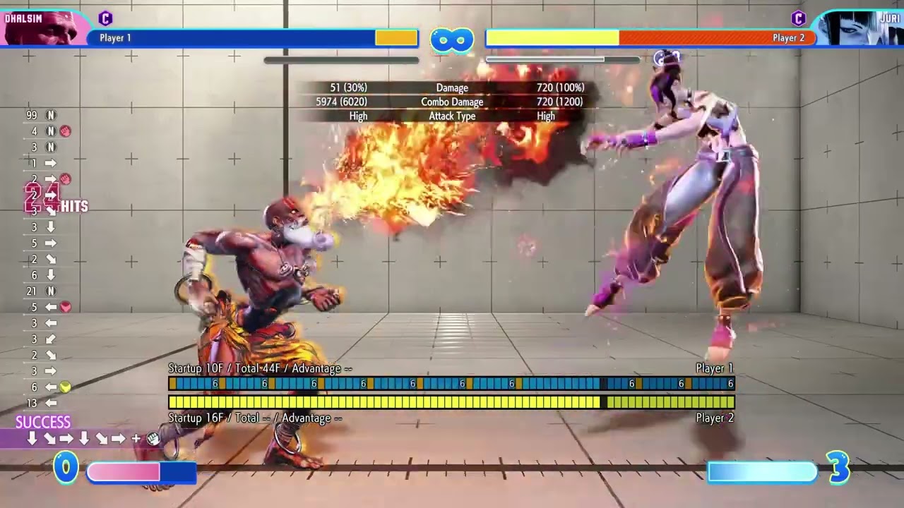 Dhalsim lvl 2 vs Juri's fireball Combo Compilation