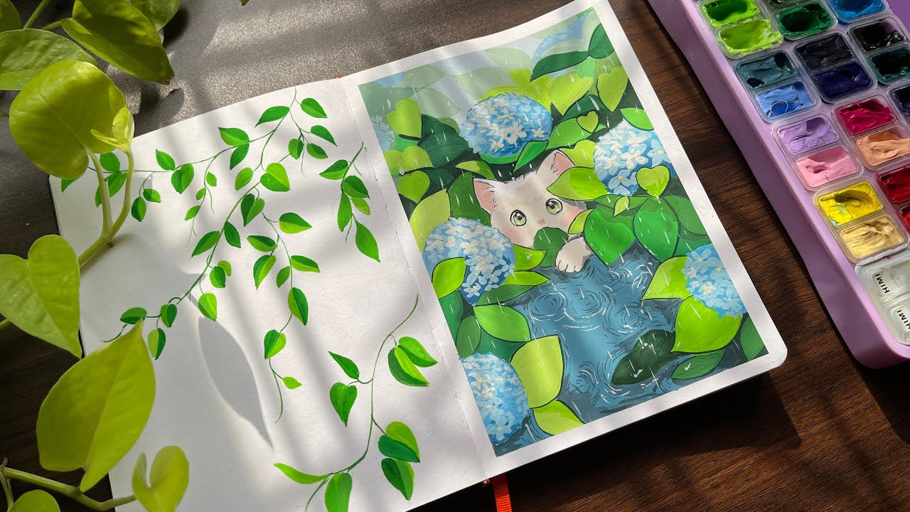 Painting a cute cat with gouache in my sketchbook
