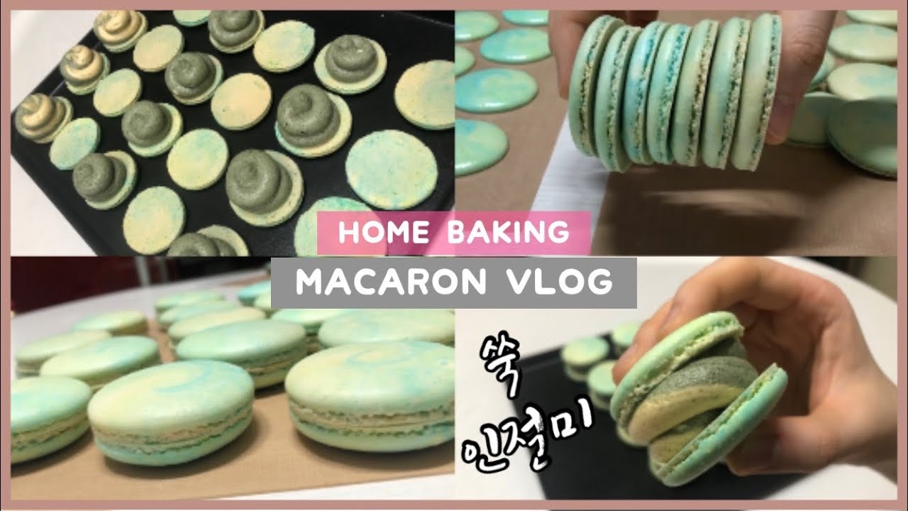 Baking Vlog) 집에서 스위스머랭 마카롱 만들기 / 쑥마카롱 인절미마카롱 / 크림치즈필링 How to make macaron