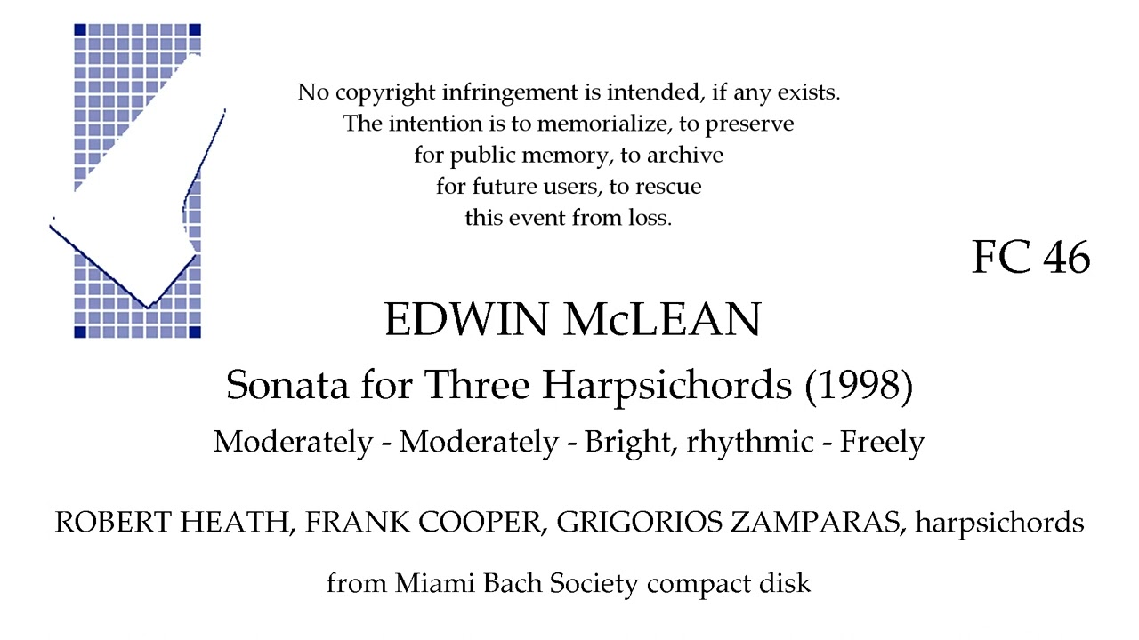 EDWIN McLEAN: Sonata for Three Harpsichords    HEATH, COOPER, ZAMPARAS, harpsichords
