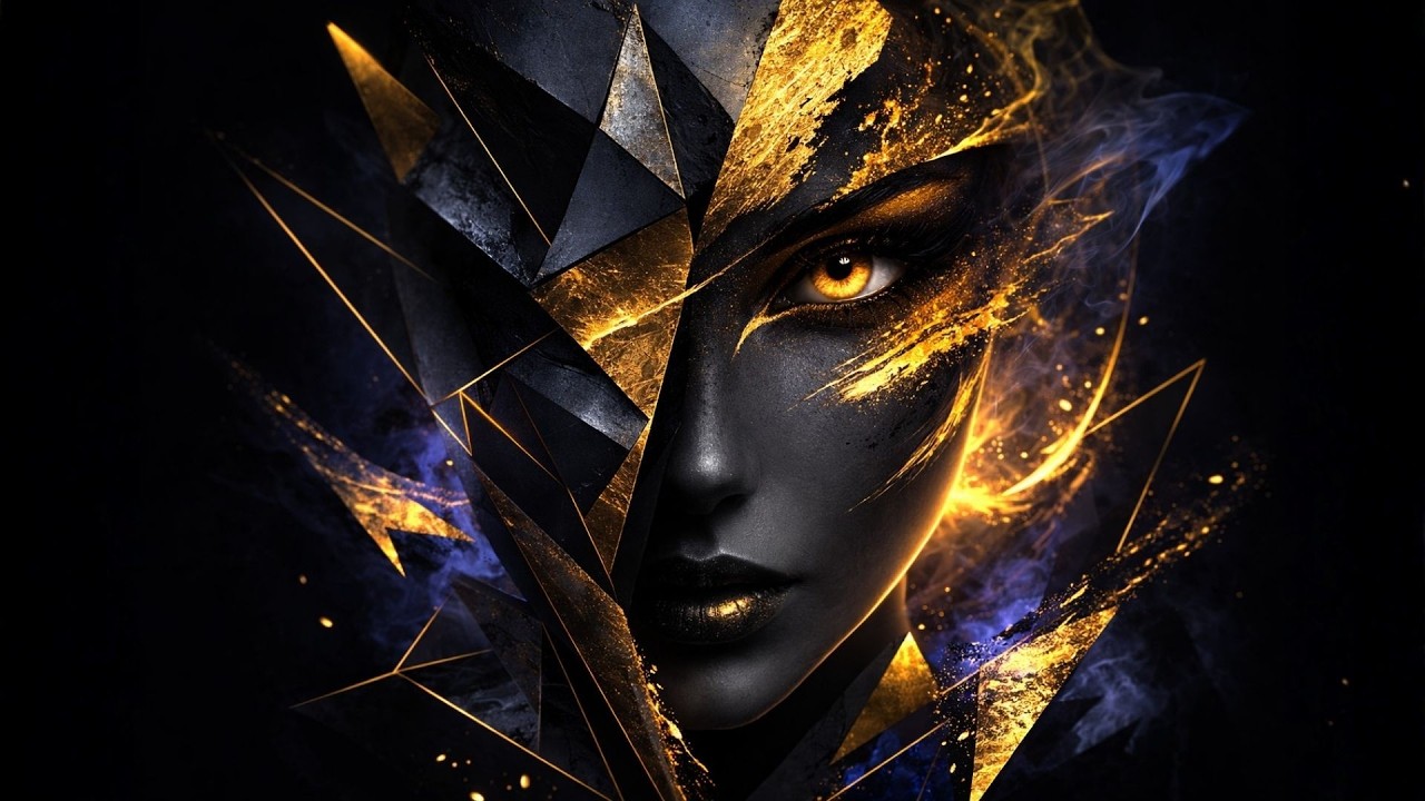 Golden Fragmented Face – Contemporary Abstract Portrait Art | Modern Expressionism 4K