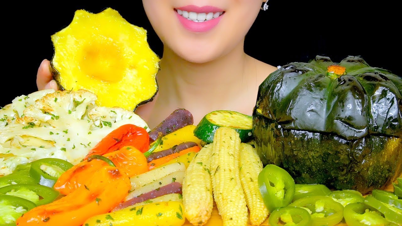 HEALTHY EATING ASMR: ROASTED VEGGIES PLATTER (RAINBOW CARROT, BABY CORN, ACORN SQUASH) | TracyN ASMR
