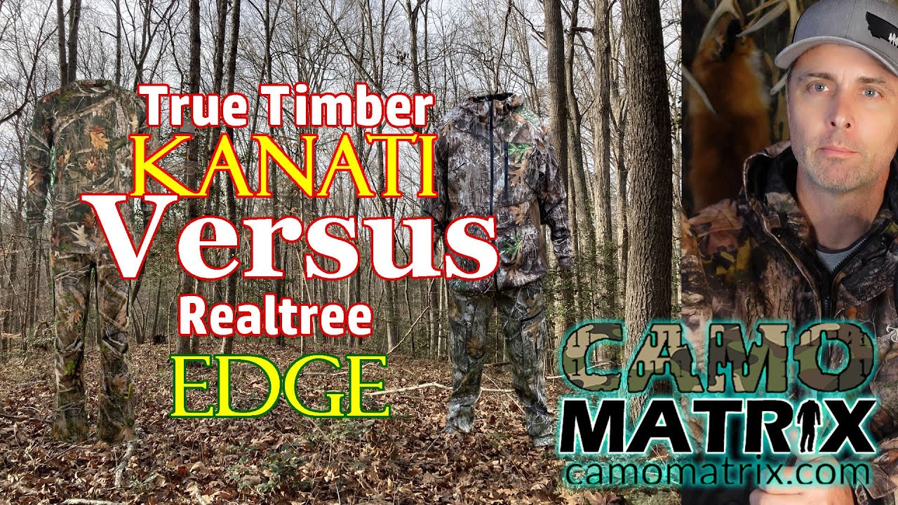 True Timber Kanati Vs Realtree Edge hunting camo in Human and Deer Vision on 25 Backgrounds