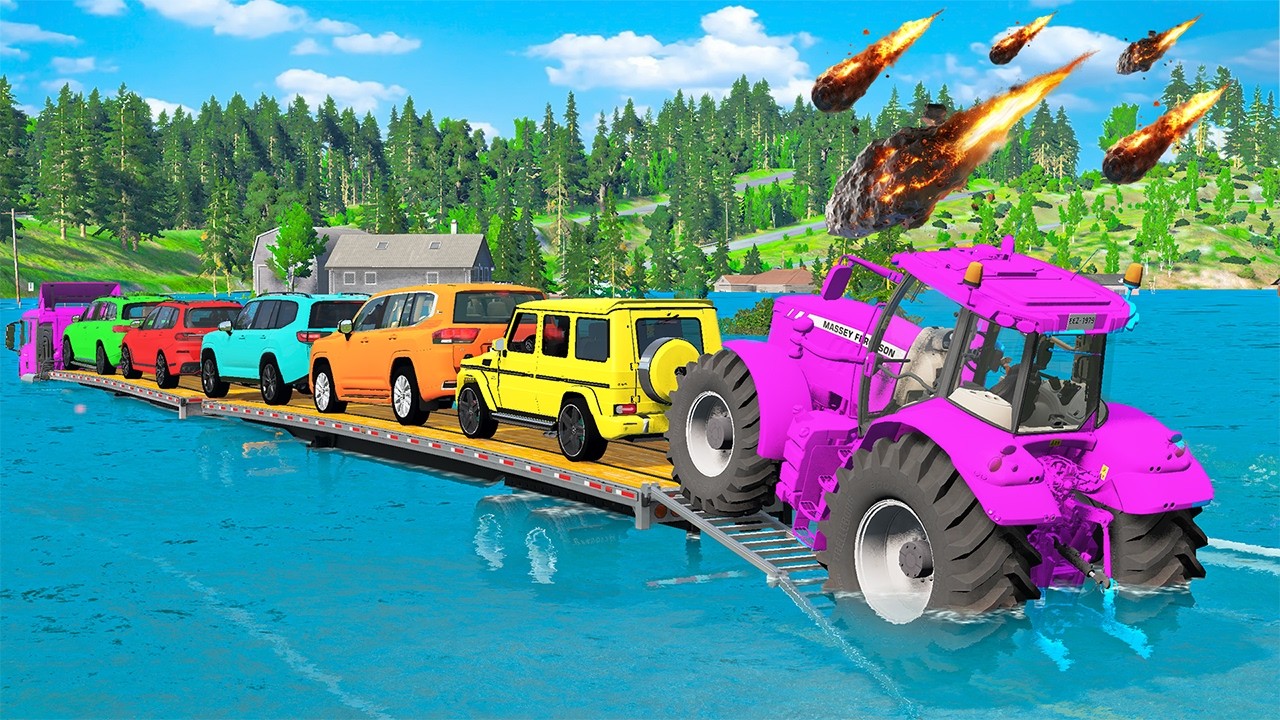 Triple Flatbed Trailer McQueen Transportation with Truck - Speedbumps vs Cars Flooded - BeamNG #31